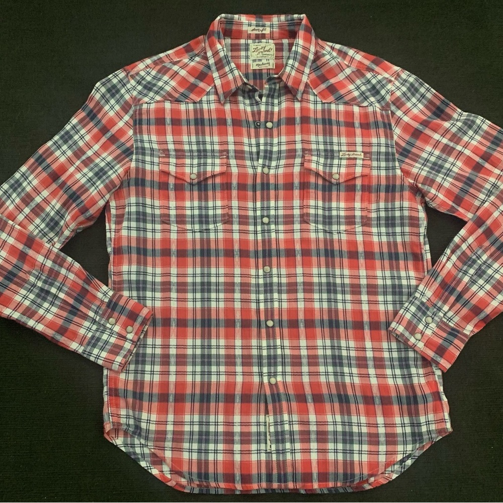 Lucky Brand Red and Blue Plaid Casual Button Down Shirt